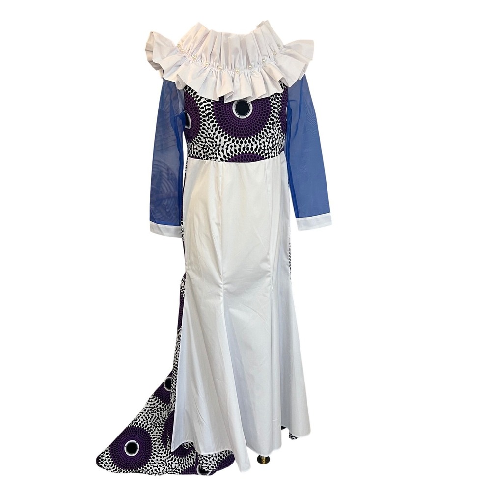 BintaRealWax Purple Cotton Wax Print Mermaid Gown Ruffle Pearl Mesh Size S